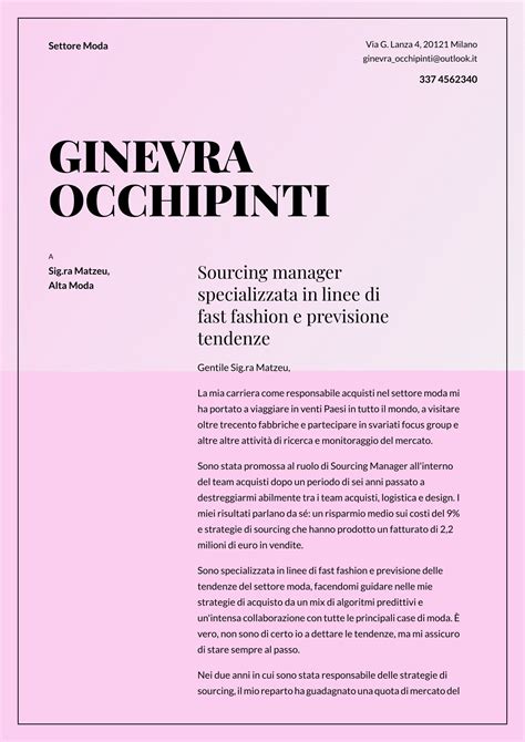 lettera di presentazione settore moda